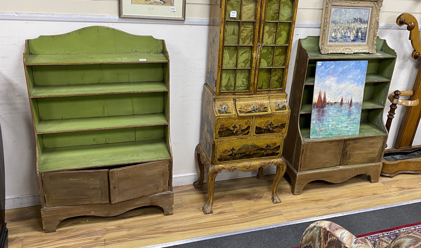A pair of 19th century part painted pine open bookcases, width 81cm, depth 32cm, height 127cm